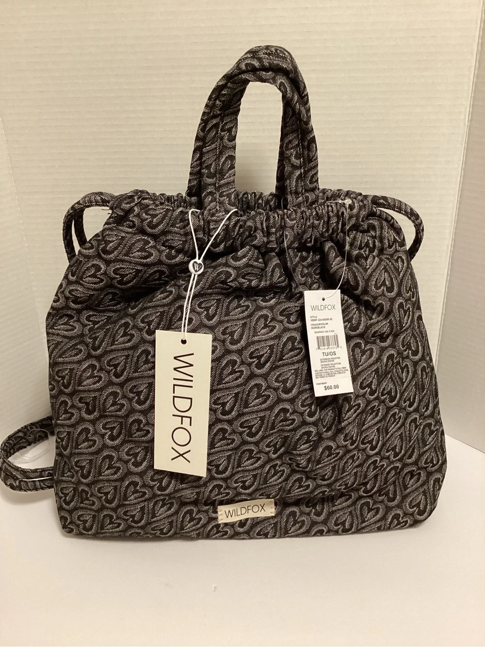 Wildfox Charcoal Heart Jacquard Drawstring Backpack, NWT